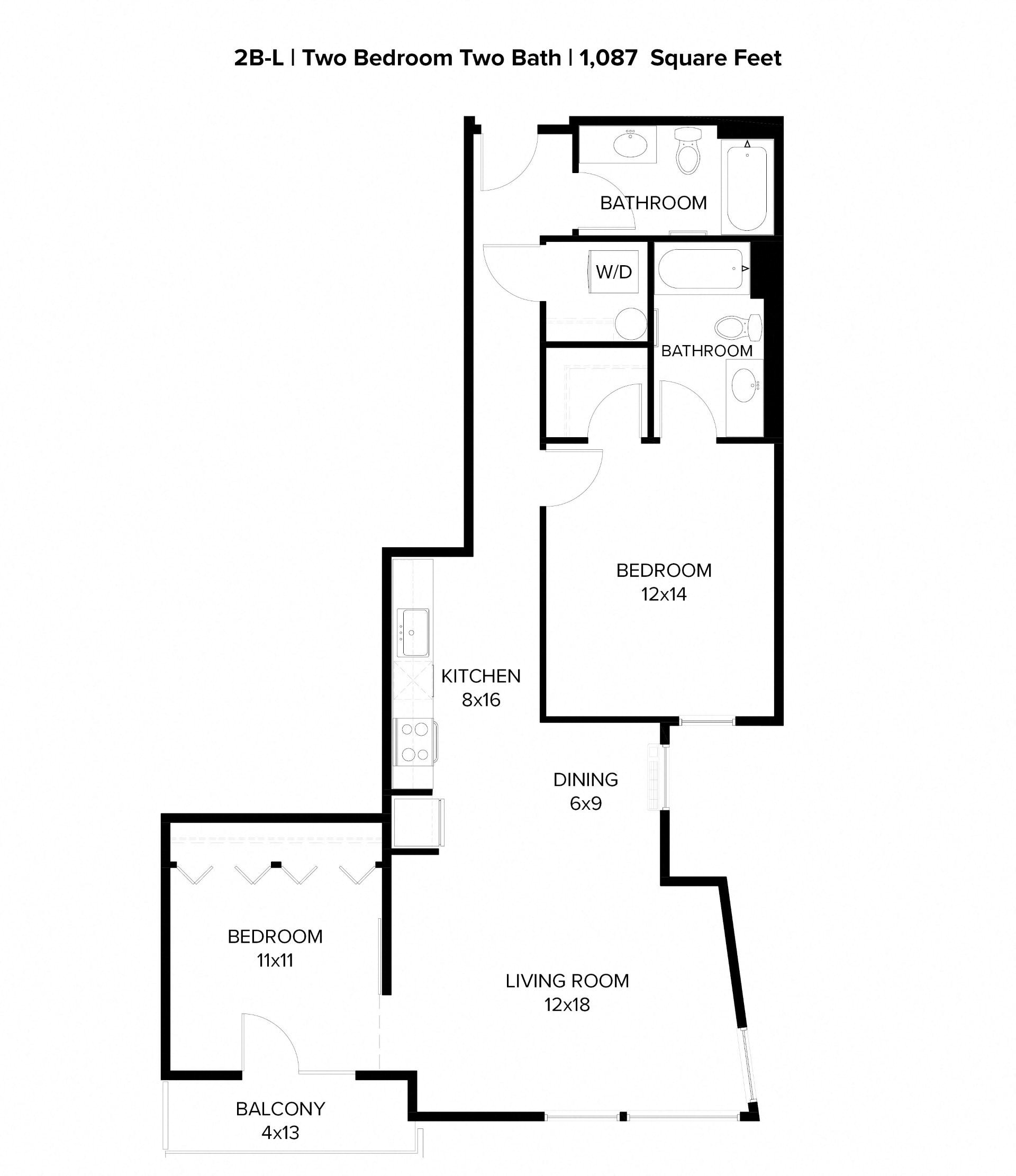 Floor plan for 2 beds, 2 baths, 1087 sqft